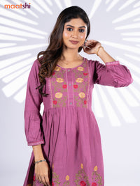 Cotton umbrella short kurti onion pink with plain body & embroidery work neck pattern without bottom