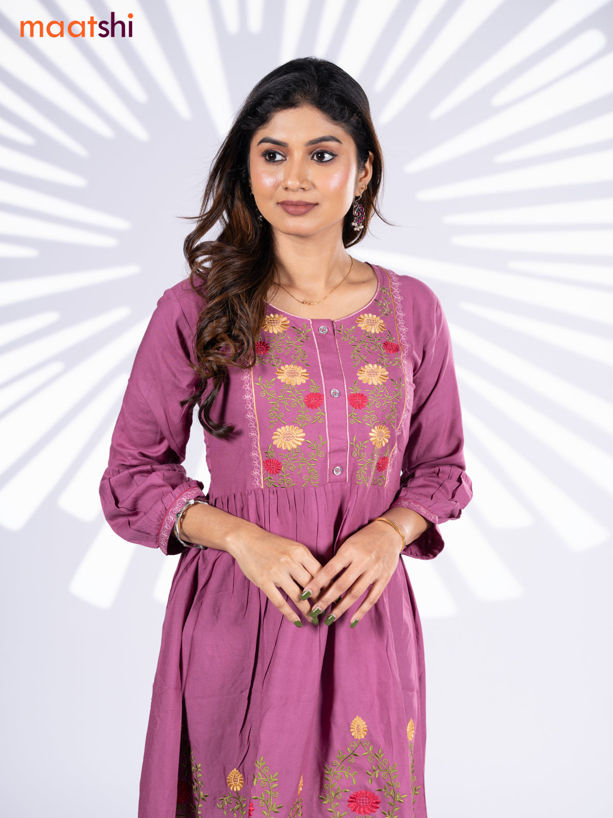 Cotton umbrella short kurti onion pink with plain body & embroidery work neck pattern without bottom