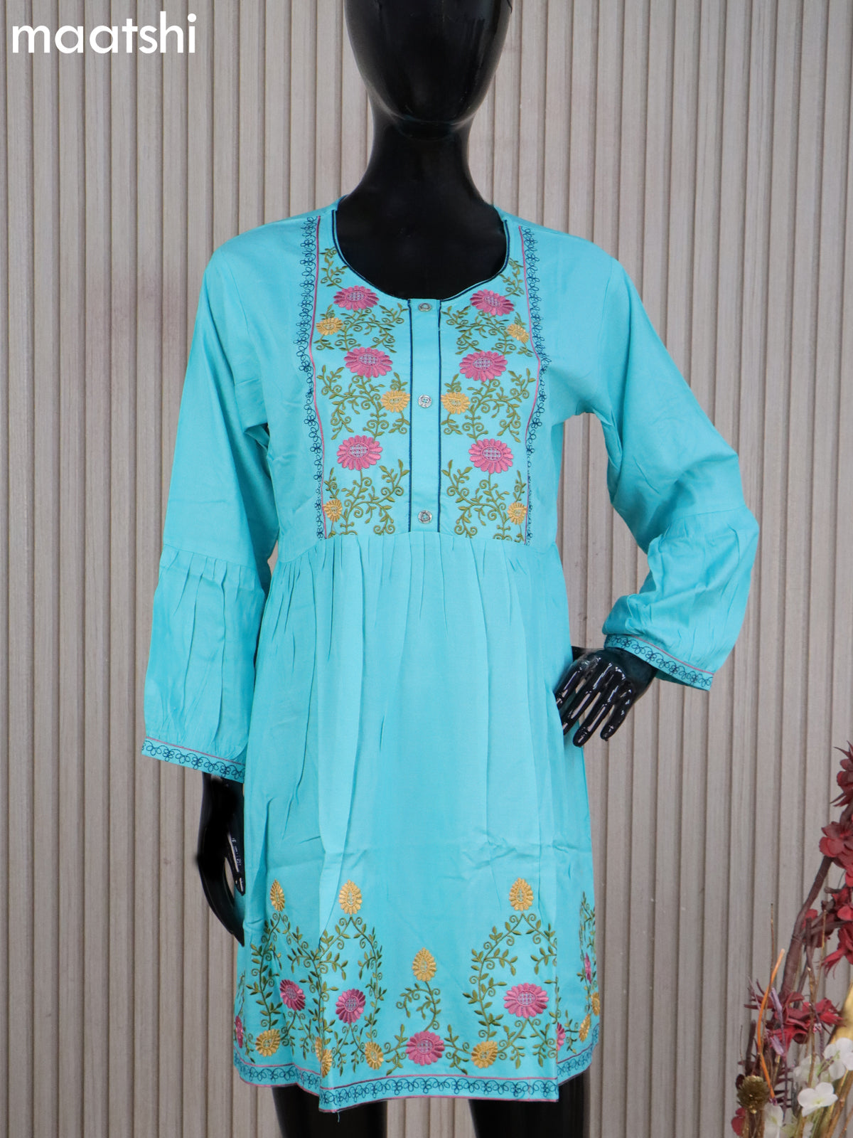 Cotton readymade umbrella short kurti teal blue with plain body & embroidery work neck pattern without bottom