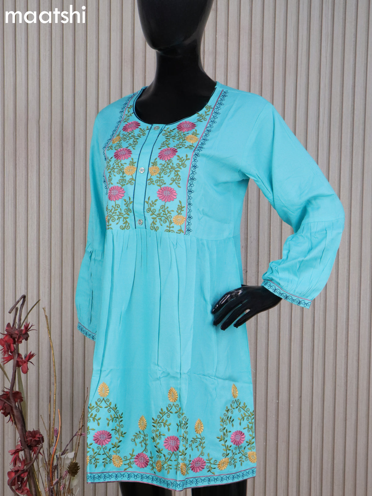 Cotton readymade umbrella short kurti teal blue with plain body & embroidery work neck pattern without bottom