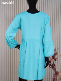 Cotton readymade umbrella short kurti teal blue with plain body & embroidery work neck pattern without bottom