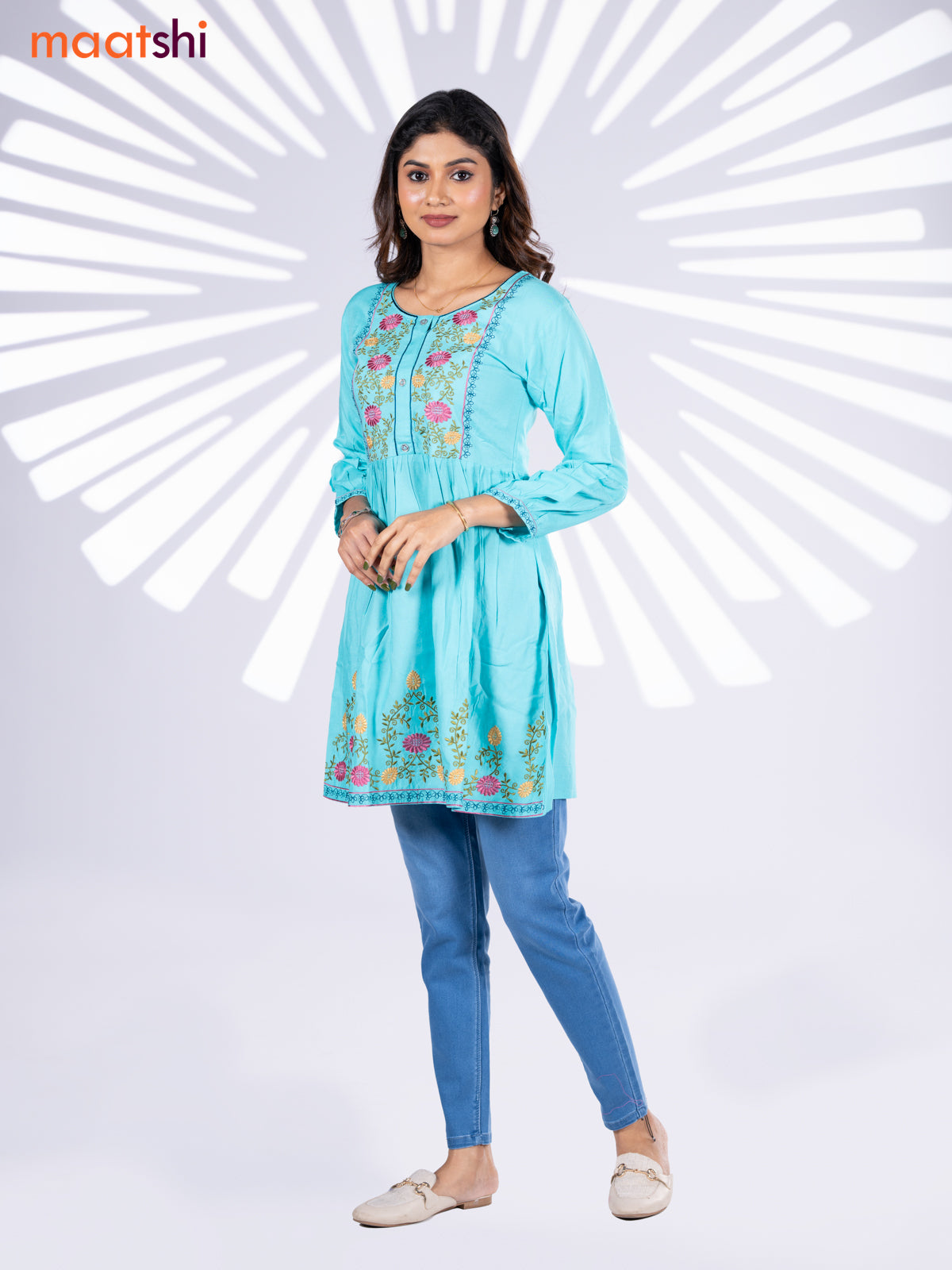 Cotton umbrella short kurti teal blue with plain body & embroidery work neck pattern without bottom