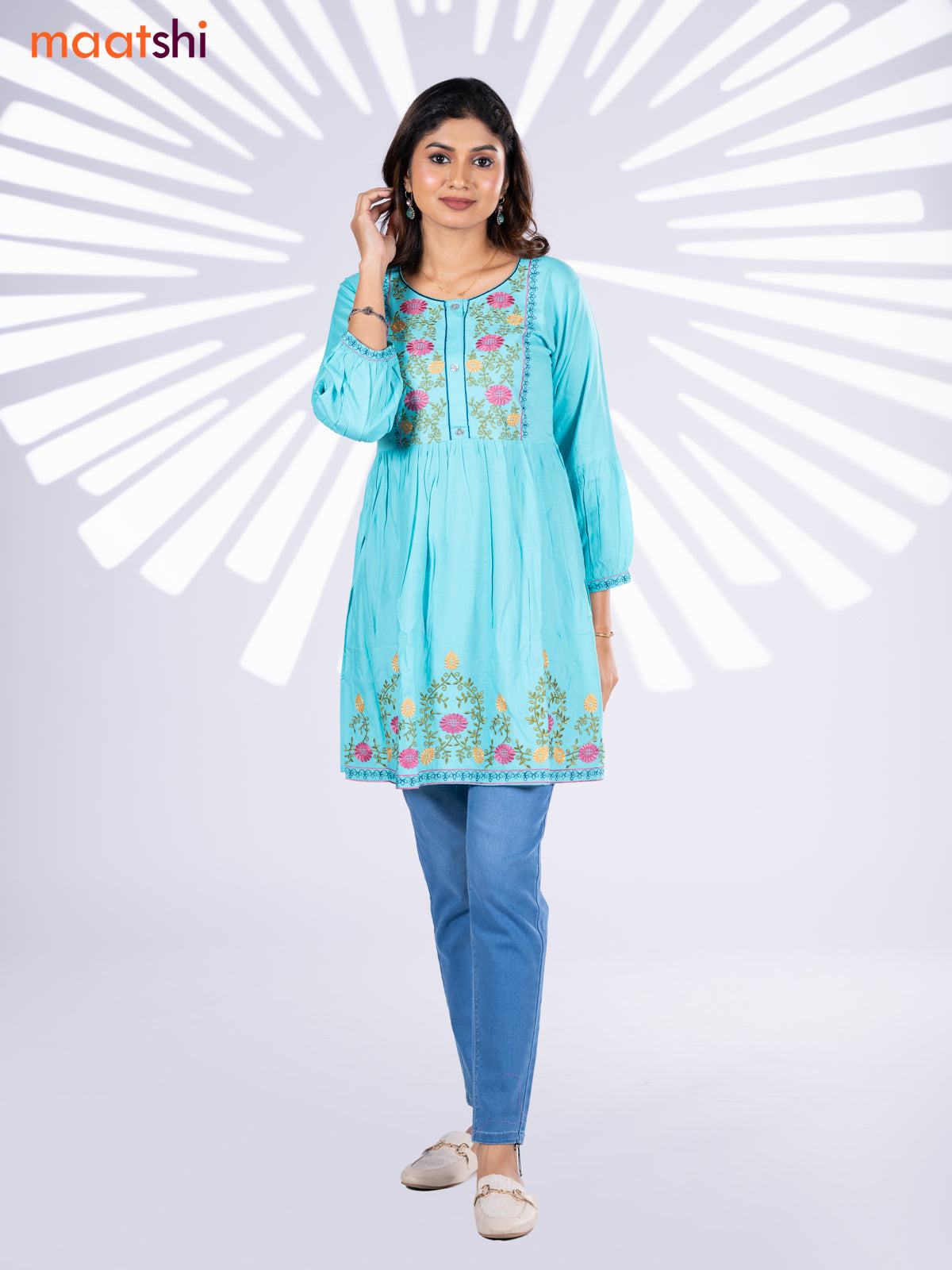 Cotton umbrella short kurti teal blue with plain body & embroidery work neck pattern without bottom