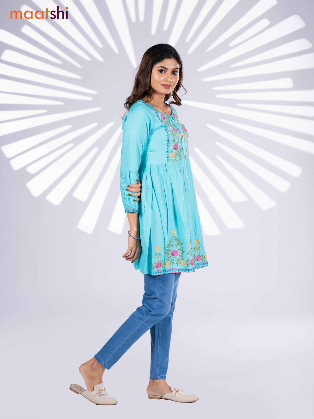 Cotton umbrella short kurti teal blue with plain body & embroidery work neck pattern without bottom