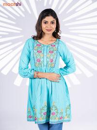 Cotton umbrella short kurti teal blue with plain body & embroidery work neck pattern without bottom