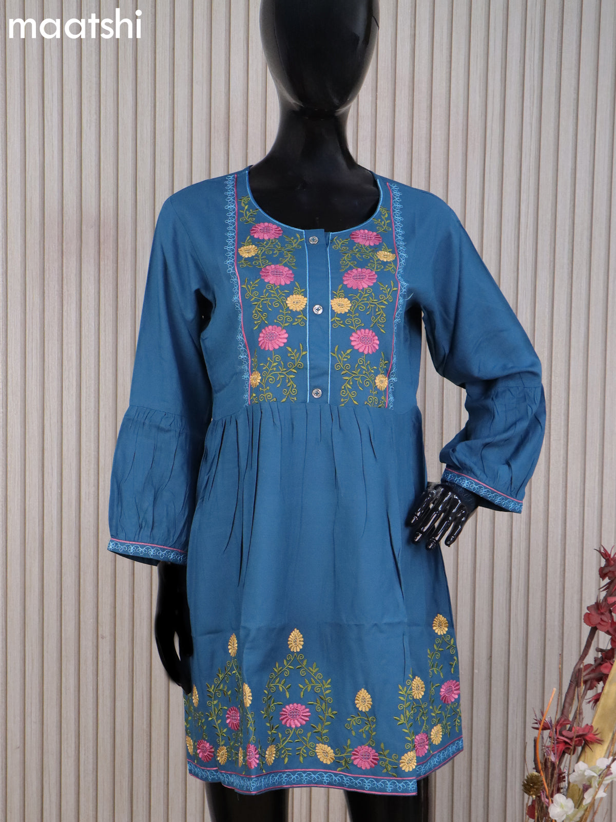 Cotton readymade umbrella short kurti peacock blue with plain body & embroidery work neck pattern without bottom