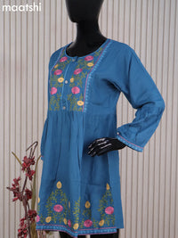 Cotton readymade umbrella short kurti peacock blue with plain body & embroidery work neck pattern without bottom