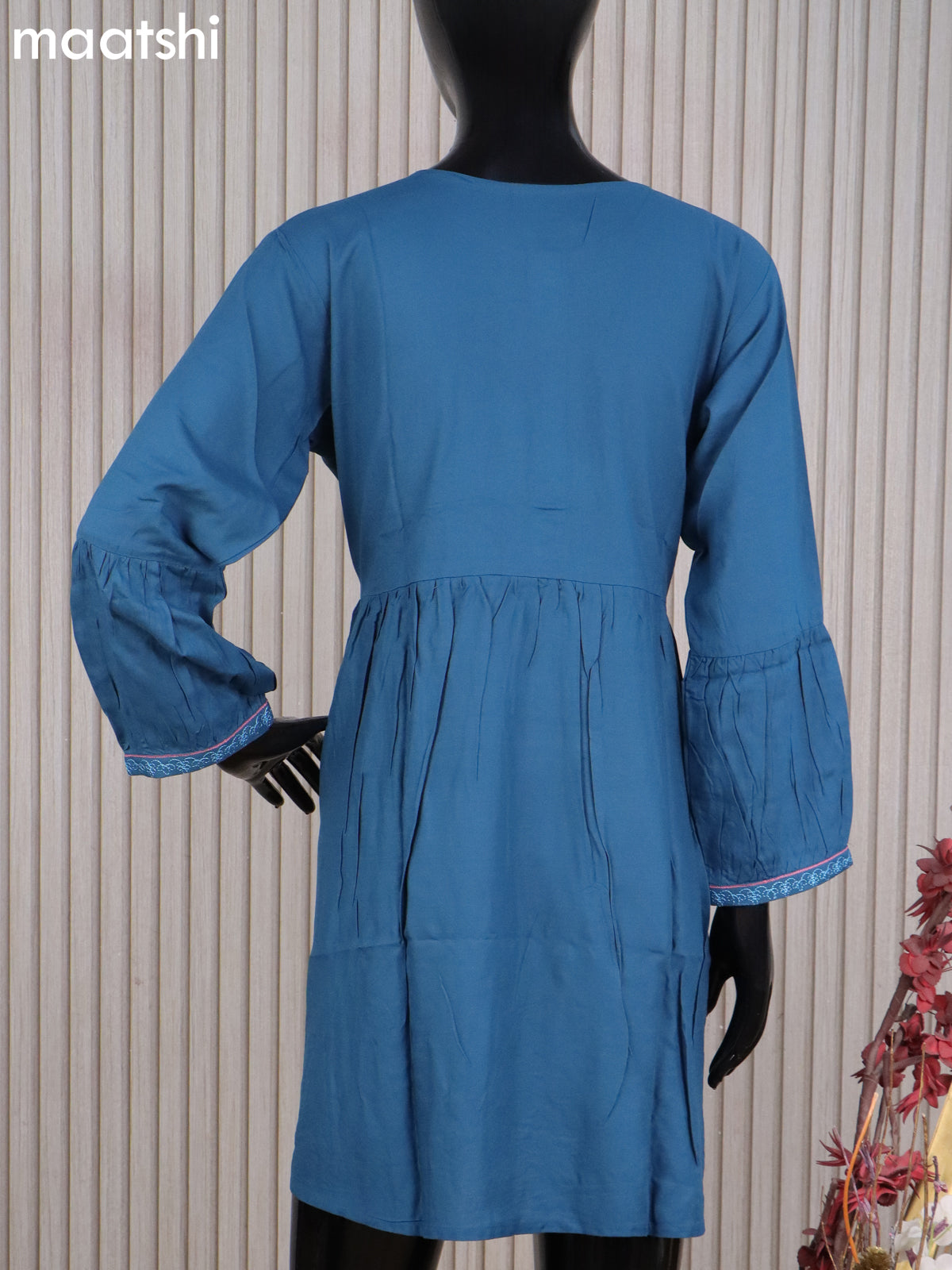 Cotton readymade umbrella short kurti peacock blue with plain body & embroidery work neck pattern without bottom