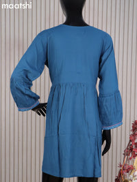 Cotton readymade umbrella short kurti peacock blue with plain body & embroidery work neck pattern without bottom