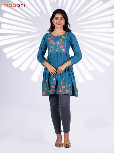 Cotton umbrella short kurti peacock blue with plain body & embroidery work neck pattern without bottom