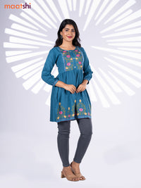 Cotton umbrella short kurti peacock blue with plain body & embroidery work neck pattern without bottom