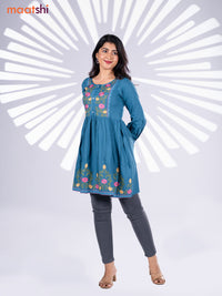 Cotton umbrella short kurti peacock blue with plain body & embroidery work neck pattern without bottom