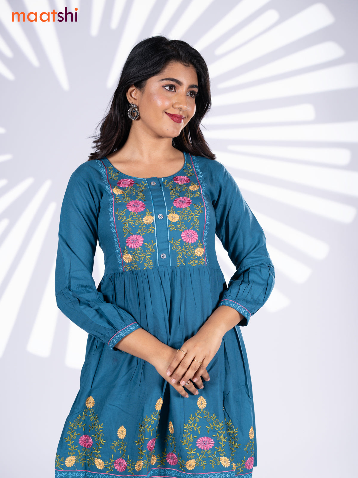 Cotton umbrella short kurti peacock blue with plain body & embroidery work neck pattern without bottom