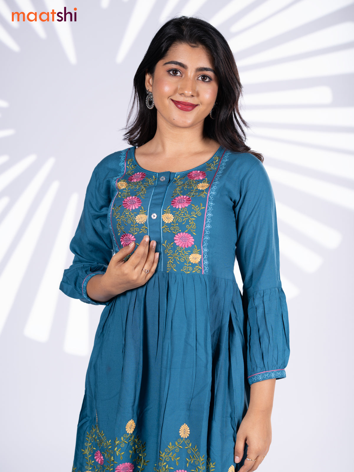 Cotton umbrella short kurti peacock blue with plain body & embroidery work neck pattern without bottom