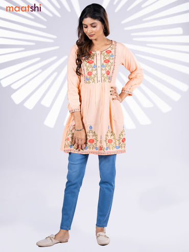 Cotton umbrella short kurti peach orange with plain body & embroidery work neck pattern without bottom