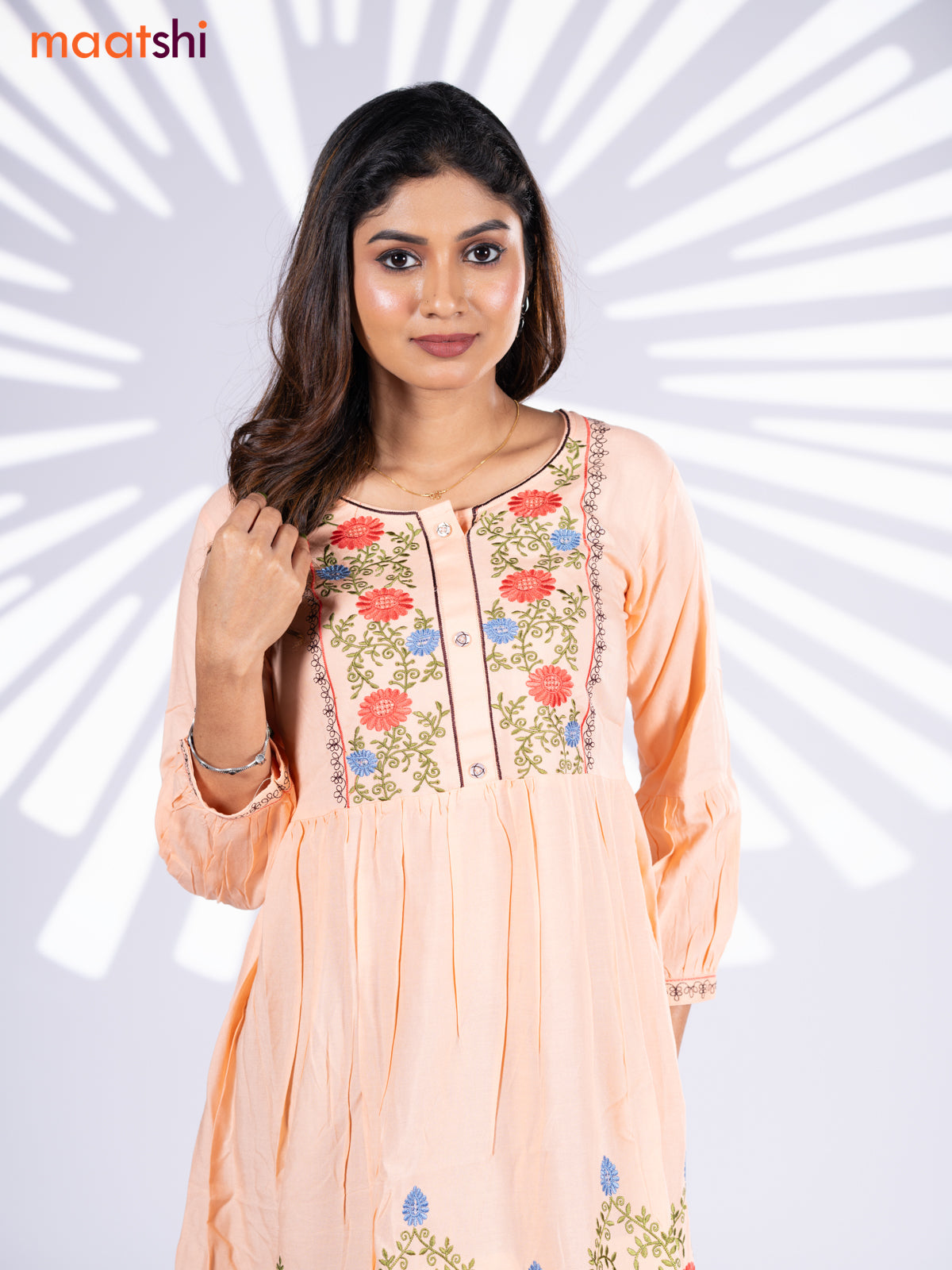 Cotton umbrella short kurti peach orange with plain body & embroidery work neck pattern without bottom