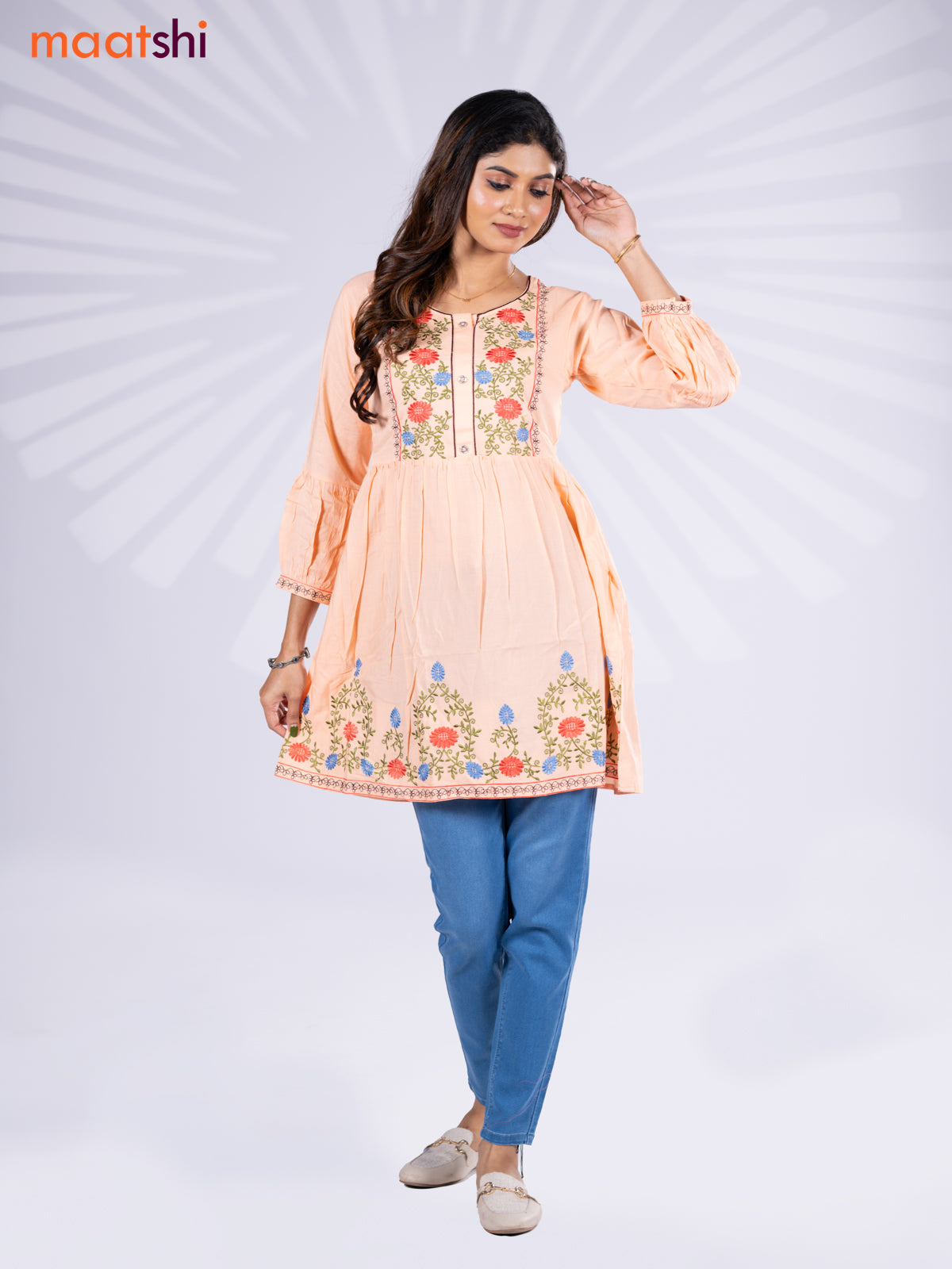 Cotton umbrella short kurti peach orange with plain body & embroidery work neck pattern without bottom