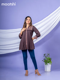 Cotton readymade short kurti deep coffee brown with plain body & embroidery work collar neck pattern without bottom