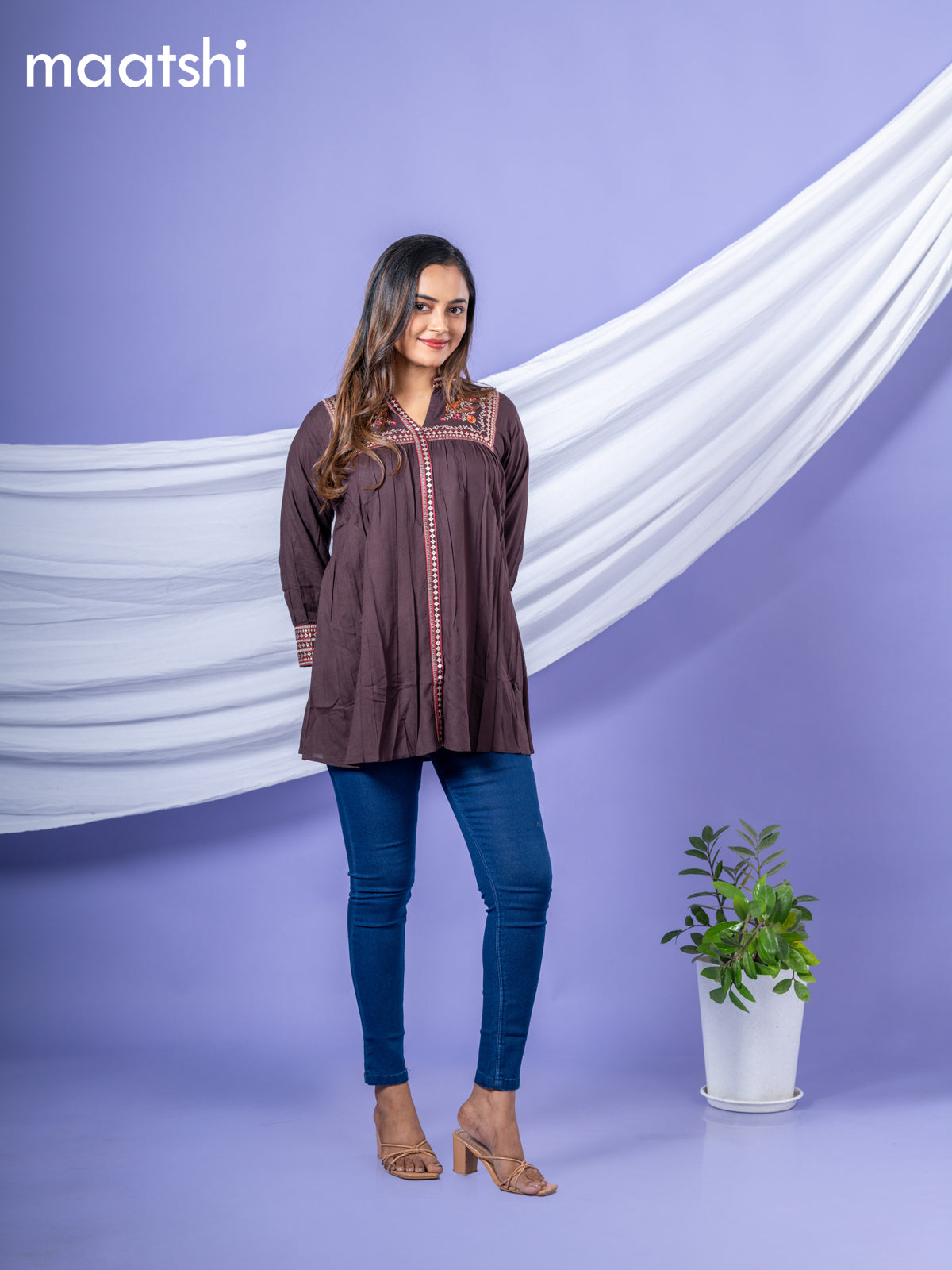 Cotton readymade short kurti deep coffee brown with plain body & embroidery work collar neck pattern without bottom