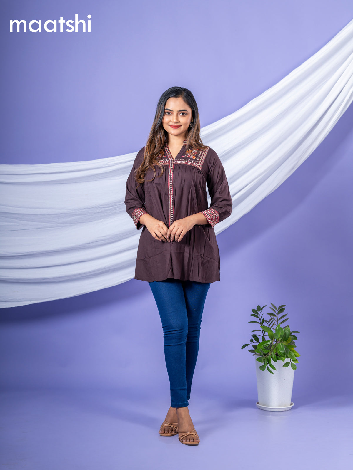 Cotton readymade short kurti deep coffee brown with plain body & embroidery work collar neck pattern without bottom