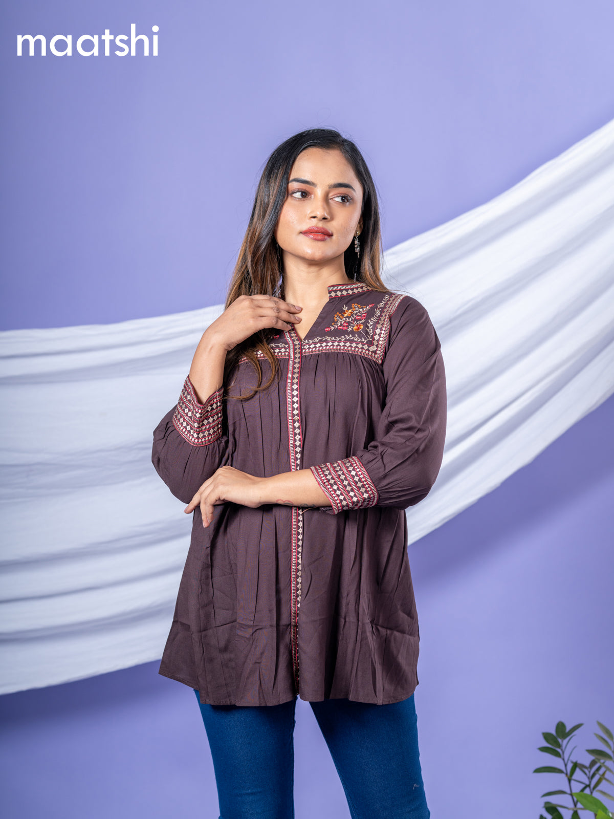 Cotton readymade short kurti deep coffee brown with plain body & embroidery work collar neck pattern without bottom