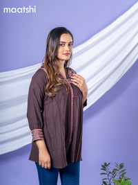 Cotton readymade short kurti deep coffee brown with plain body & embroidery work collar neck pattern without bottom