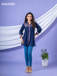 Cotton readymade short kurti navy blue with plain body & embroidery work collar neck pattern without bottom