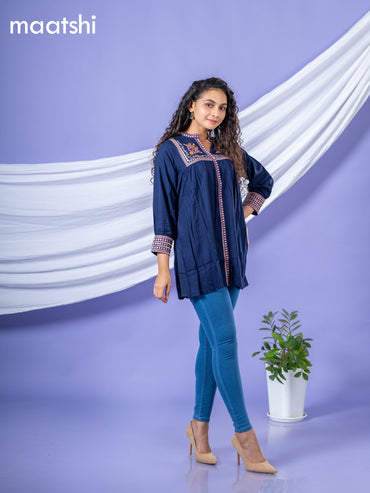 Cotton readymade short kurti navy blue with plain body & embroidery work collar neck pattern without bottom