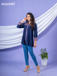 Cotton readymade short kurti navy blue with plain body & embroidery work collar neck pattern without bottom