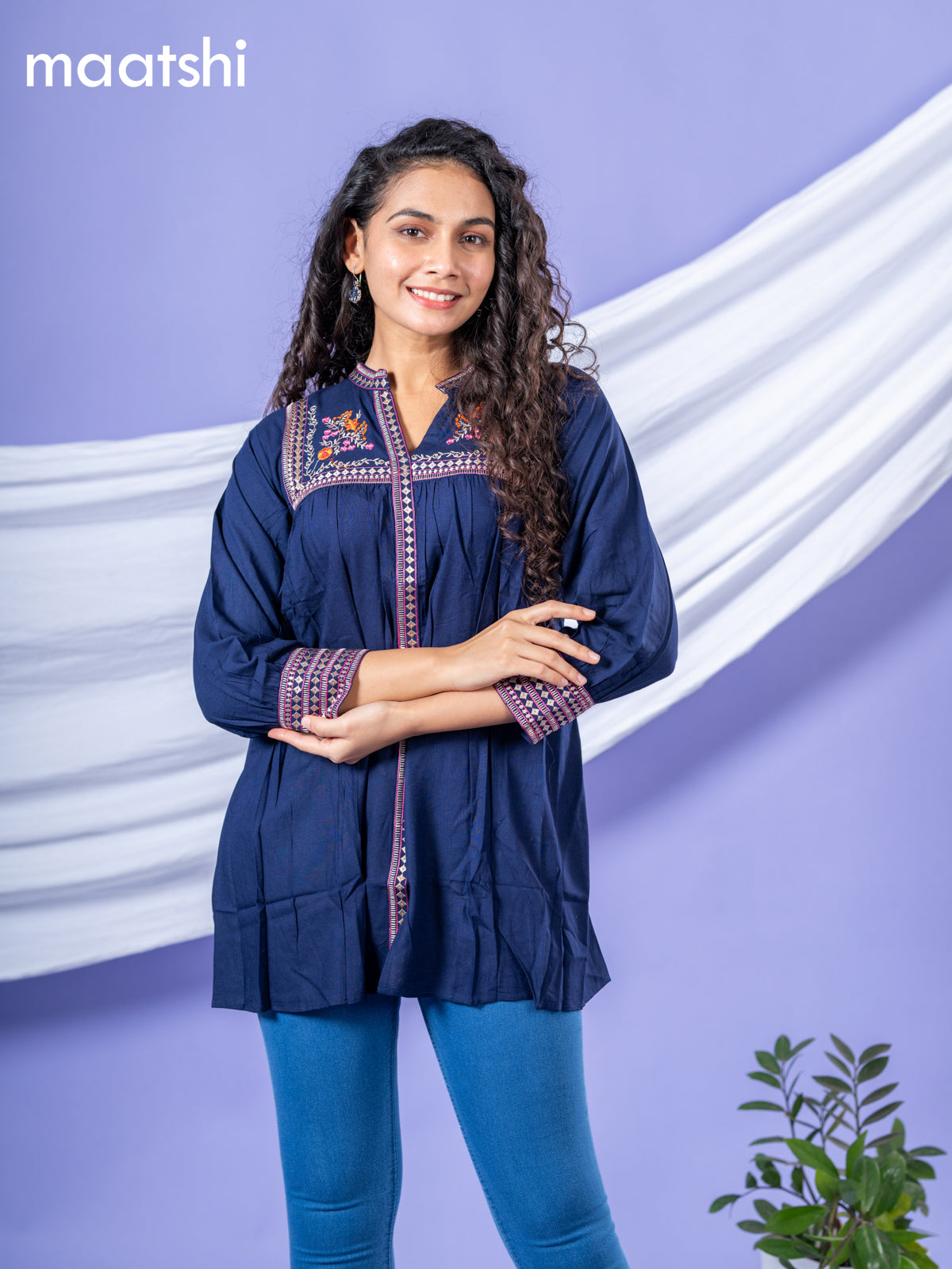 Cotton readymade short kurti navy blue with plain body & embroidery work collar neck pattern without bottom