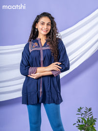 Cotton readymade short kurti navy blue with plain body & embroidery work collar neck pattern without bottom