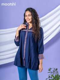 Cotton readymade short kurti navy blue with plain body & embroidery work collar neck pattern without bottom