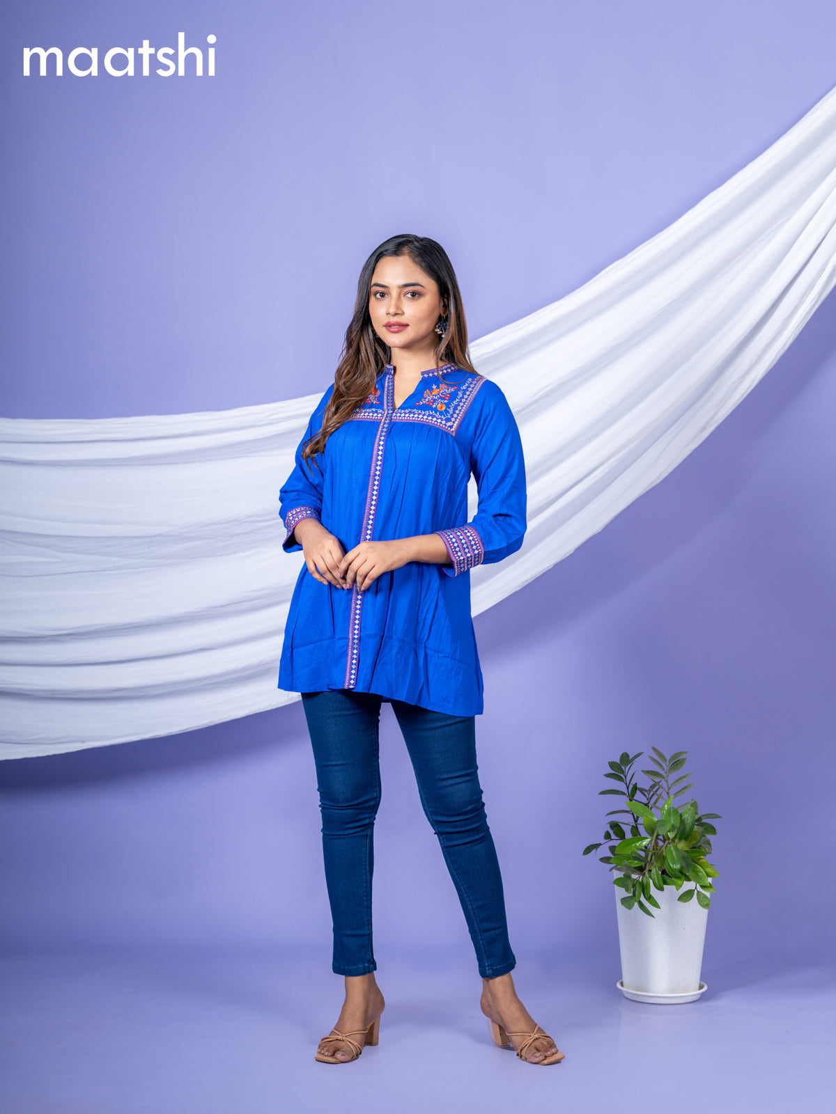 Cotton readymade short kurti royal blue with plain body & embroidery work collar neck pattern without bottom