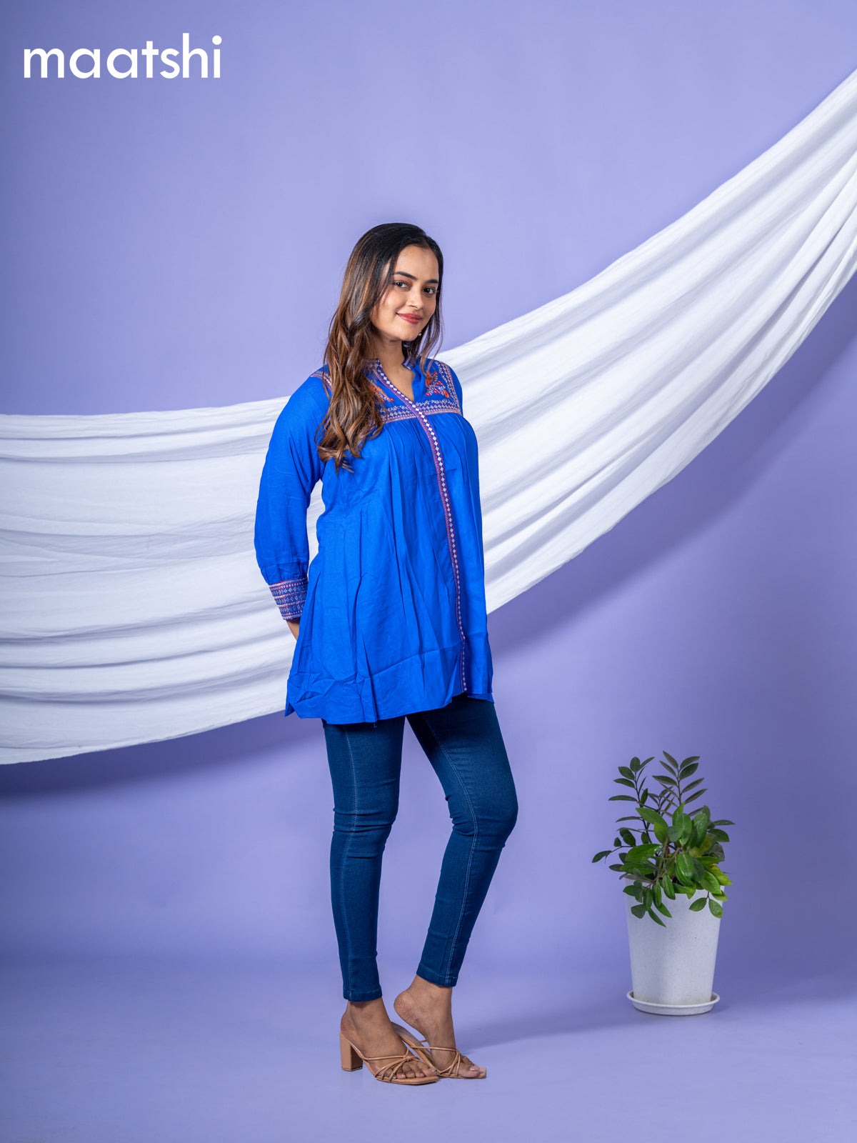 Cotton readymade short kurti royal blue with plain body & embroidery work collar neck pattern without bottom