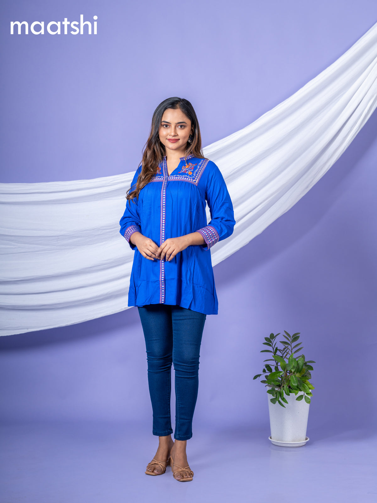 Cotton readymade short kurti royal blue with plain body & embroidery work collar neck pattern without bottom