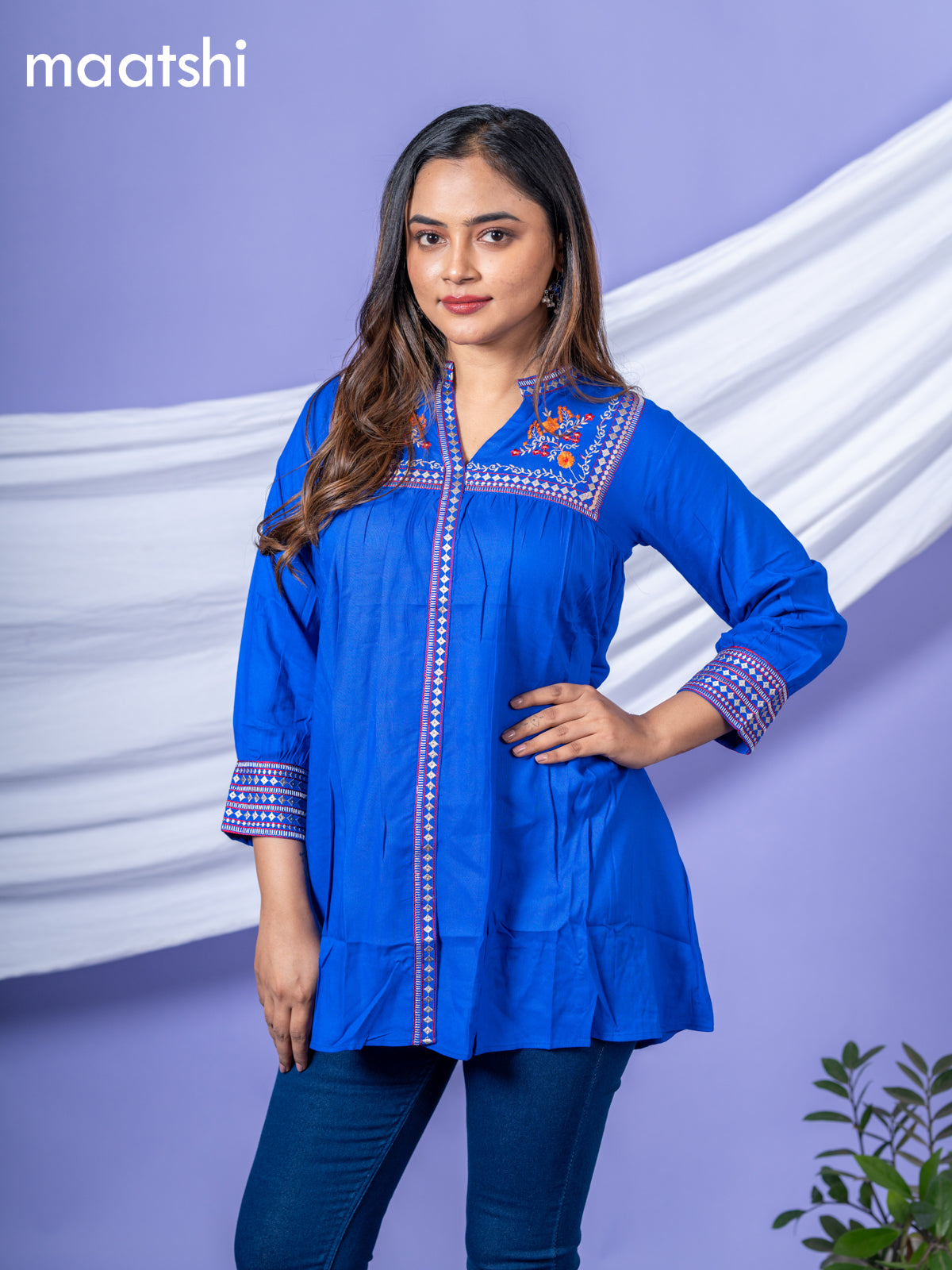 Cotton readymade short kurti royal blue with plain body & embroidery work collar neck pattern without bottom