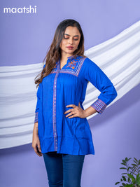 Cotton readymade short kurti royal blue with plain body & embroidery work collar neck pattern without bottom