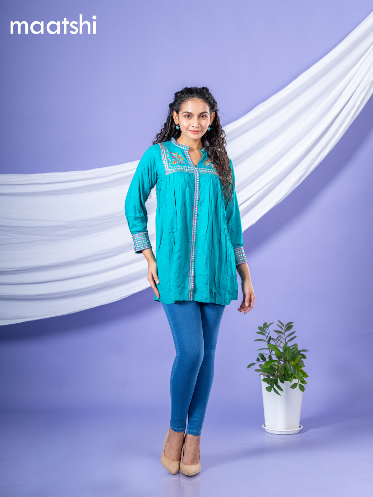 Cotton readymade short kurti teal green with plain body & embroidery work collar neck pattern without bottom