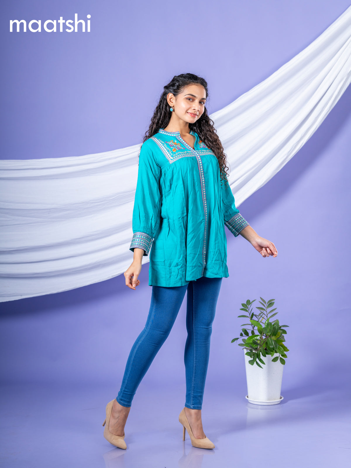 Cotton readymade short kurti teal green with plain body & embroidery work collar neck pattern without bottom