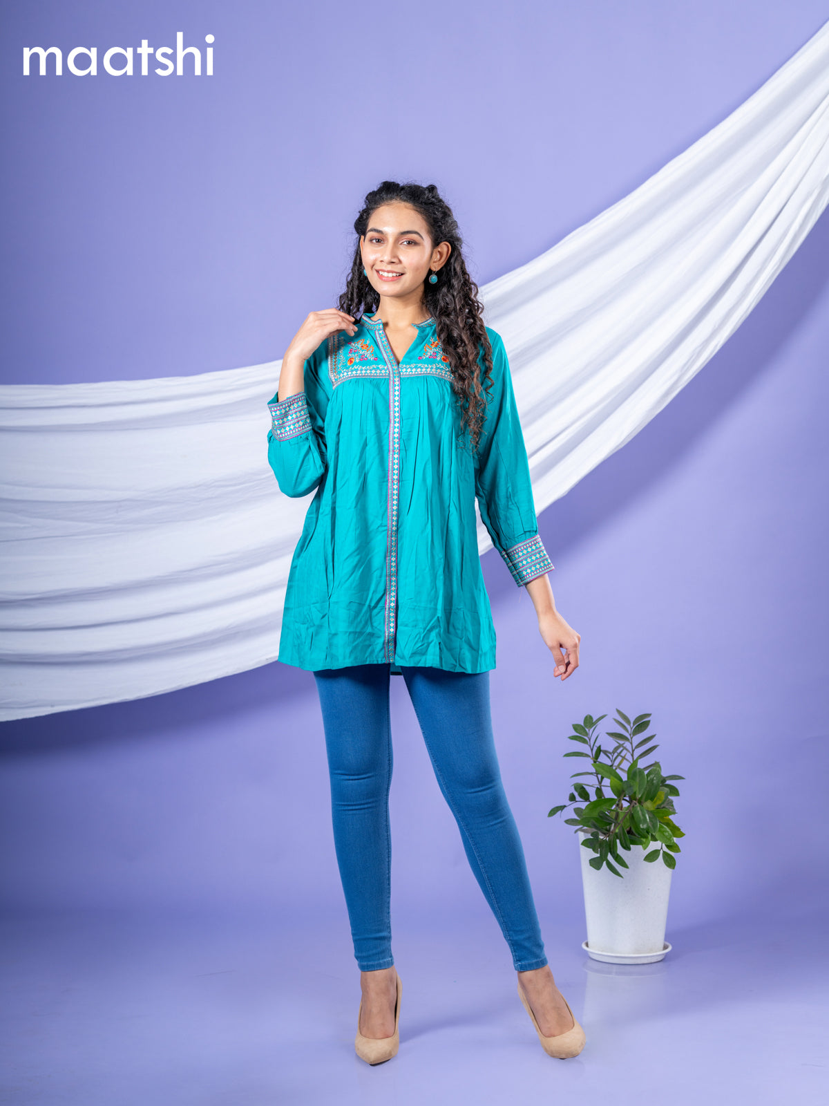 Cotton readymade short kurti teal green with plain body & embroidery work collar neck pattern without bottom