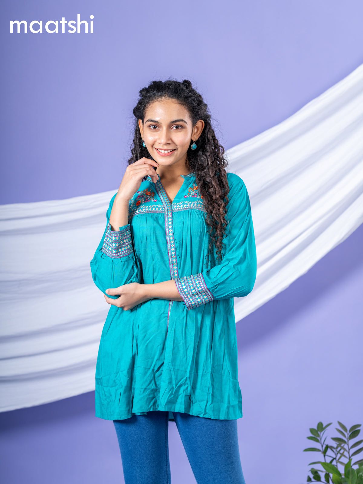 Cotton readymade short kurti teal green with plain body & embroidery work collar neck pattern without bottom