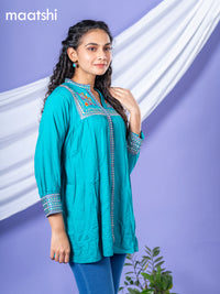 Cotton readymade short kurti teal green with plain body & embroidery work collar neck pattern without bottom