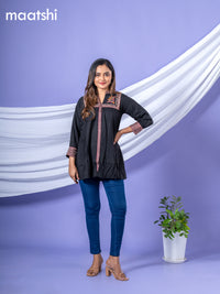 Cotton readymade short kurti black with plain body & embroidery work collar neck pattern without bottom