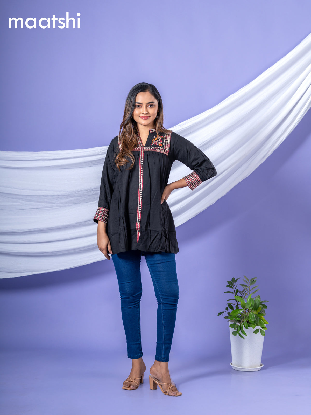 Cotton readymade short kurti black with plain body & embroidery work collar neck pattern without bottom