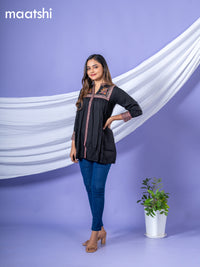 Cotton readymade short kurti black with plain body & embroidery work collar neck pattern without bottom