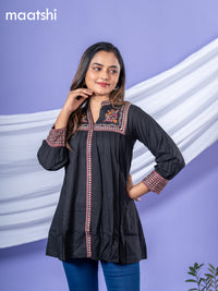 Cotton readymade short kurti black with plain body & embroidery work collar neck pattern without bottom