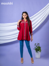 Cotton readymade short kurti maroon with plain body & embroidery work collar neck pattern without bottom