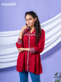 Cotton readymade short kurti maroon with plain body & embroidery work collar neck pattern without bottom