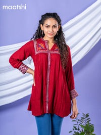 Cotton readymade short kurti maroon with plain body & embroidery work collar neck pattern without bottom