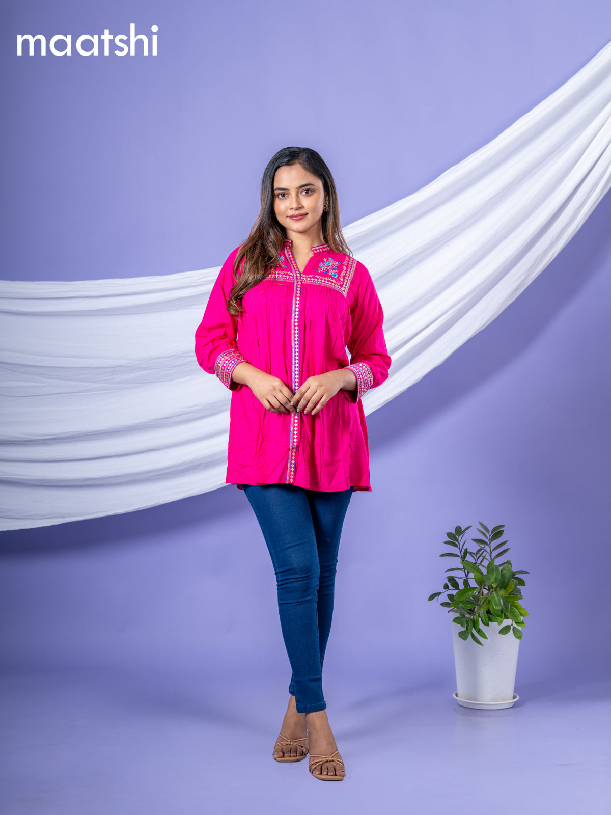 Cotton readymade short kurti pink with plain body & embroidery work collar neck pattern without bottom